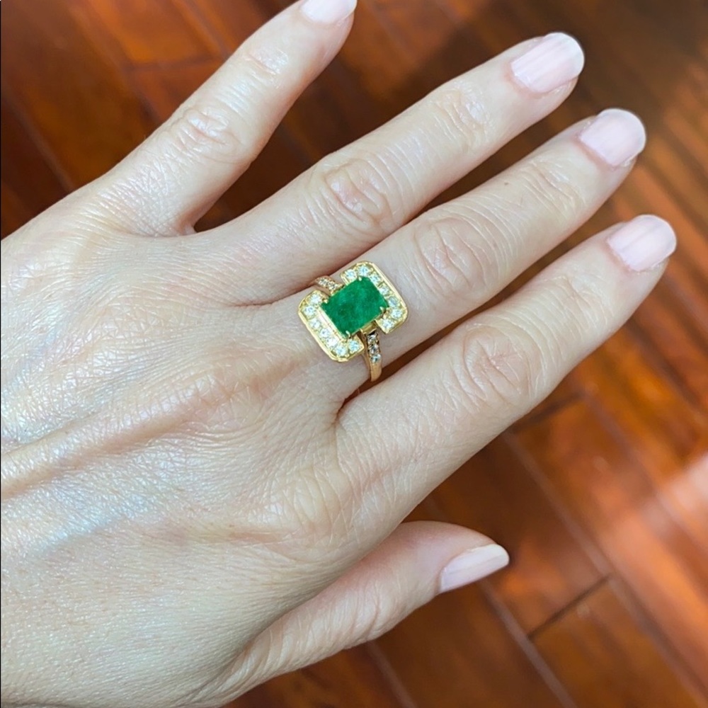 14k Solid Real Gold Rectangle Green Jade Ring - image 7